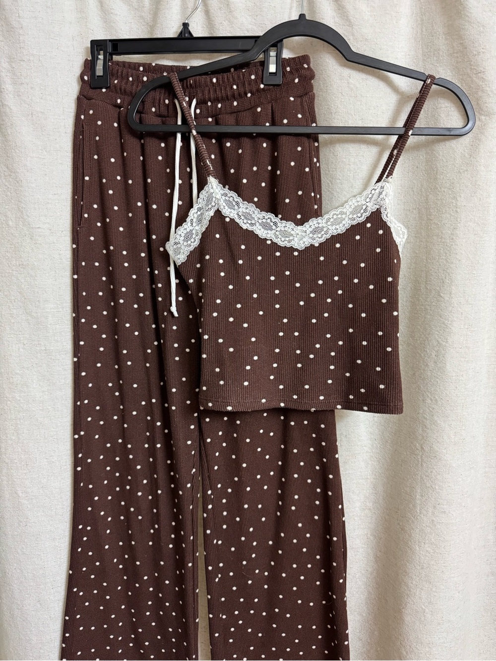 Pink Rose Brown Polka Dot Lace-Trim Cami & Pajama Pants Set